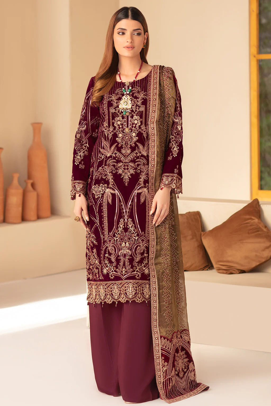 Ramsha Maroon Formal Collection Velvet - Replica