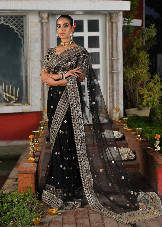 Qalamkar Black Saree Formal Wear Collection - Replica