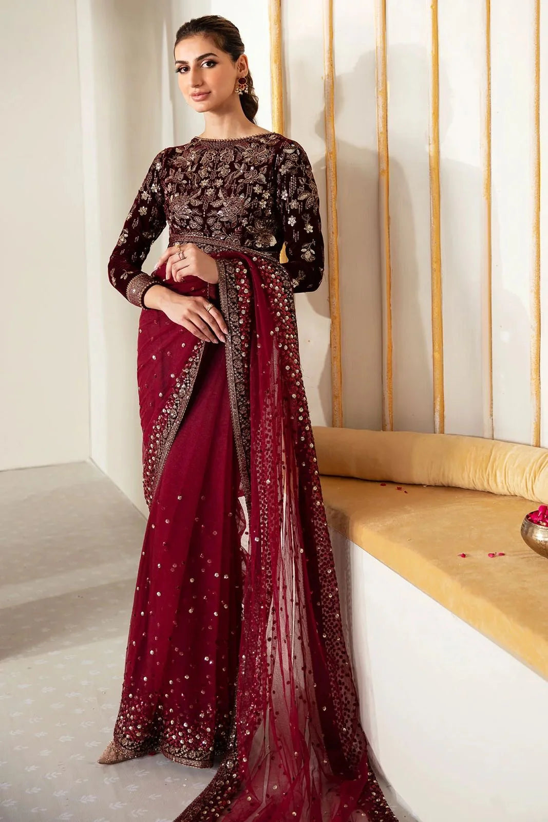 Jazmin Maroon Saree Collection Net - Replica