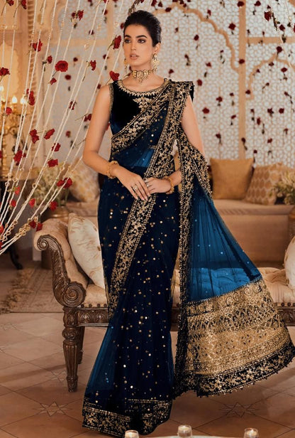 Noor By Saadia Asad Blue Saree Net Collection - Replica