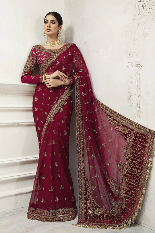 Maria B. Couture Red Wine Saree Collection - Replica