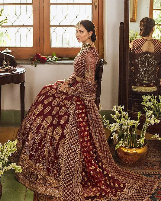 Afrozeh Maroon Exclusive Bridal Collection Net - Replica