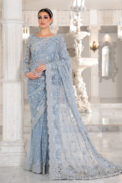 Maria B Ice Blue Exclusive Collection Net Saree - Replica