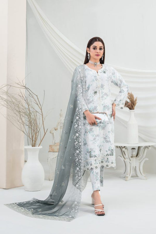 Tawakkal White Digital Printed Organza Semi-Stitched Collection - Replica